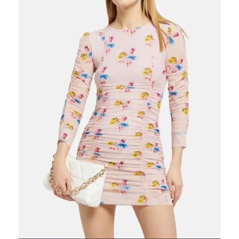 NWOT Ganni Lined Pink Ruched Sheer Mesh Sleeves Floral Mini Dress Women's Medium